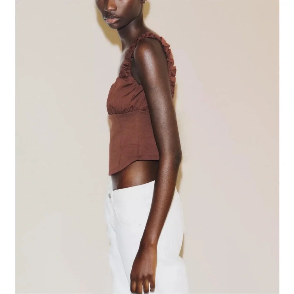 NWT Zara Brown Mixed Interlock Poplin Ruched Crop Top - Picture 4 of 7